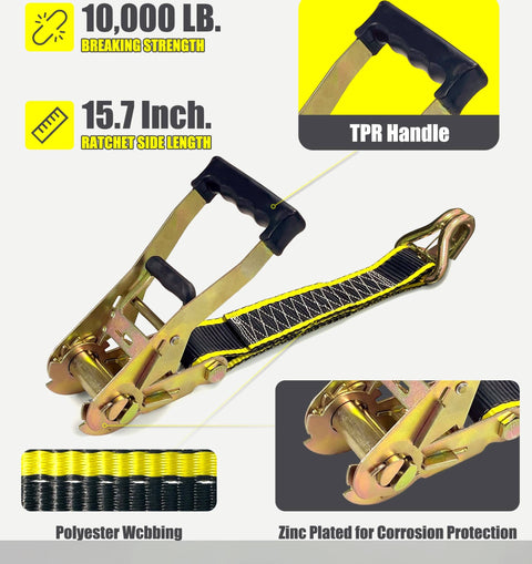 Heavy Duty Car Trailer Tie Down Straps Kit 10,000 Lbs Break Strength ratchet strap with black handle and zigzag stitching