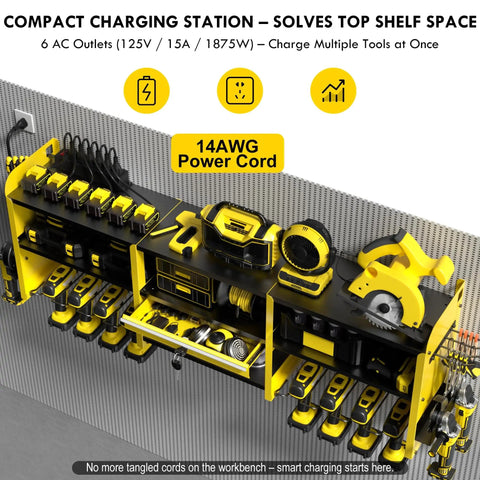Power Tool Organizer Wall Mount With Locking Drawers, Grinder Holder, Hammer And Pliers Rack, Built In Six AC Outlets Charging Station