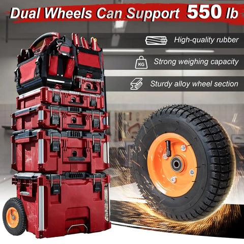 2 Pcs Packout Wheels Replacement Kit For 9 Inch Rolling Tool Box System 48-22-8426 showing alloy wheel and tool boxes