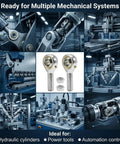 Four Pack POSB5 Male Rod End Bearings, 5/16 Bore, 5/16-24 Right Hand Thread, Self Lubricating Joint For Hydraulic Cylinders And Automation Equipment, Heavy Duty Steel With Zinc Plated Finish For Tough, Long-Lasting Performance, rod ends shown in automation use