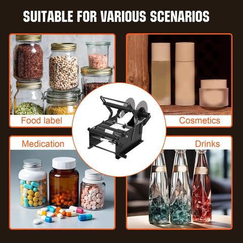 Hand Crank Bottle Labeling Machine Adjustable For Glass Metal Round Zp-50W in various labeling scenarios.