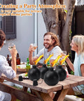 Six Pack Citronella Tabletop Torches For Outdoor Vibes on a patio table during a garden party, metal burners lit and providing lighting.
