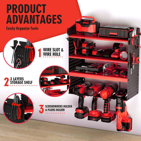 Power Tool Rack With Adjustable Height Wall Mount Red Tool Storage Organizer showing three shelves and tool holders