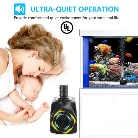 Submersible Fountain Pump With Ultra Quiet Operation 400 GPH 25W Outdoor Water Pump for aquariums next to a sleeping mother and baby