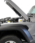 Jeep Wrangler with open hood showing Hood Quicklift Kit For Jeep Wrangler JL 2018 And Gladiator 2020 Plus Aluminum Hood Support System