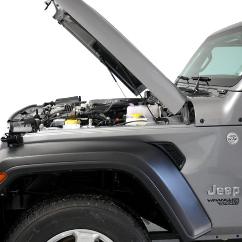 Jeep Wrangler with open hood showing Hood Quicklift Kit For Jeep Wrangler JL 2018 And Gladiator 2020 Plus Aluminum Hood Support System