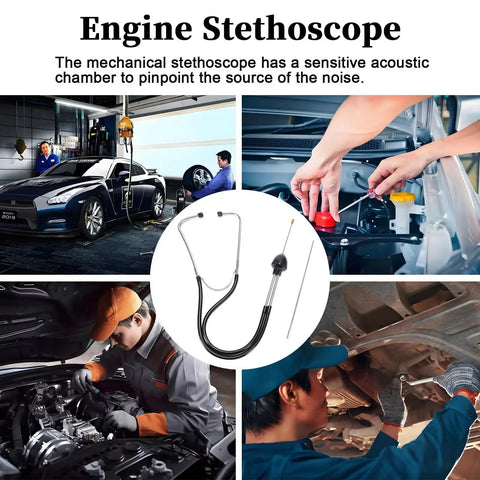 Pro Grade Car Mechanic Stethoscope For Engine Diagnostics in use on various vehicles, highlighting components and probe accessories.