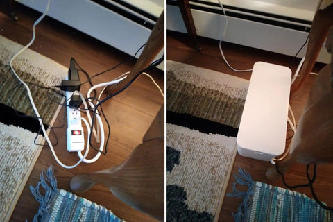 Before and after using Two Pack Cable Management Box Set To Hide Power Strips On Desk Or Floor, Cord Organizer on wooden floor.