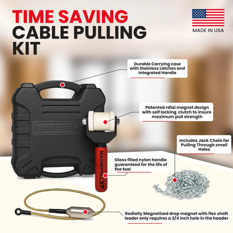 XP1000-LC Magnetic Wire Puller With Flexible Steel Leader And Durable Case, showcasing carrying case, and tools included.