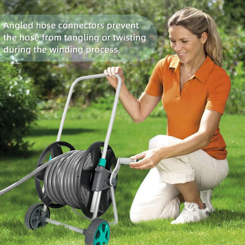Woman using Garden Hose Reel Cart With Wheels For Outdoor Watering Holds Up To Eighty Feet Of Five Eighth Inch Hose