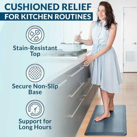 Woman using anti fatigue floor mat for home and office, three quarters inch thick cushioned kitchen and standing desk mat, durable denim finish.