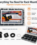 Complete 45 Sets M6 Rack Screws And Cage Nuts 180 Piece Pro Gear Server Rig Mounting Hardware Kit with organized storage box.