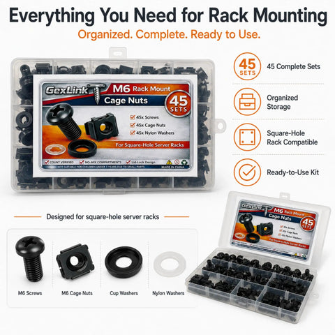 Complete 45 Sets M6 Rack Screws And Cage Nuts 180 Piece Pro Gear Server Rig Mounting Hardware Kit with organized storage box.