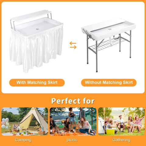 Two Tier Folding Ice Cooler Table With Skirt And Grid Rack Drain Hose Portable Party Table For Patio, Picnic, Camping And Wedding Use