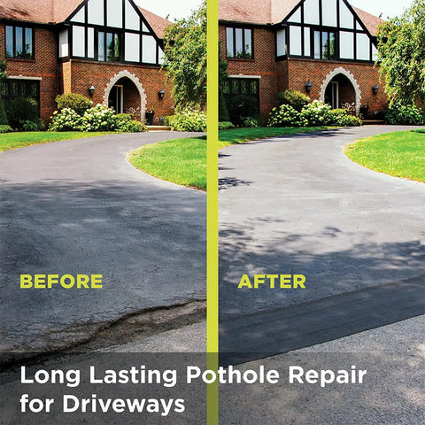 Peel And Seal Driveway Patch For Long Lasting Pothole Repair That Bonds To Asphalt And Concrete Keeps Water Out before and after results on driveway