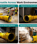 Heavy Duty 12 Inch Cylinder Fan Workhorse With 3200 CFM Airflow And 25 Foot PVC Ducting in various industrial settings for smoke and odor removal.