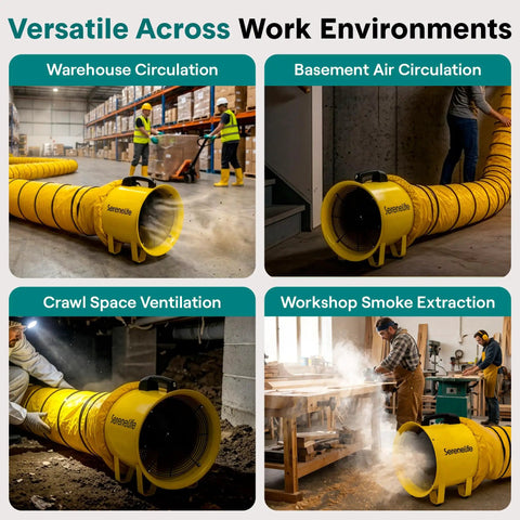 Heavy Duty 12 Inch Cylinder Fan Workhorse With 3200 CFM Airflow And 25 Foot PVC Ducting in various industrial settings for smoke and odor removal.