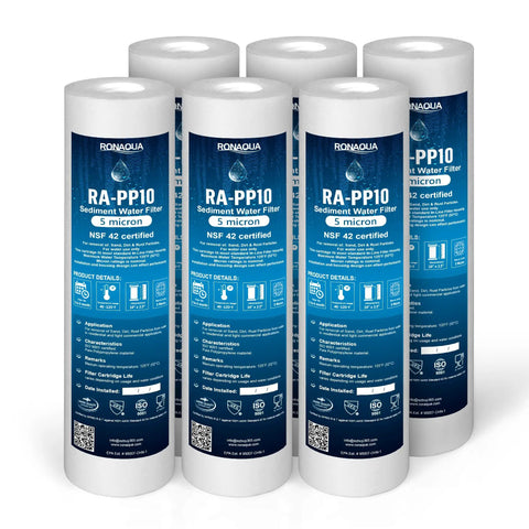 6-pack of RA-PP10 5 Micron Sediment Water Filter Cartridge 10x2.5 Inch For RO Systems And Whole House NSF Certified