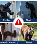 Collage of images including a robber with crowbar, a thief at window, a domestic abuser kicking door, and a bear labeled 'beast.'