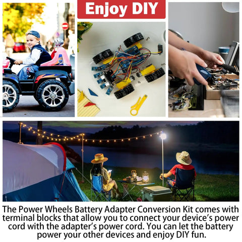 Collage showing Two Pack Power Wheel Adapters for V20 20V Lithium Batteries CMCB200 to CMCB205 in DIY settings with children.