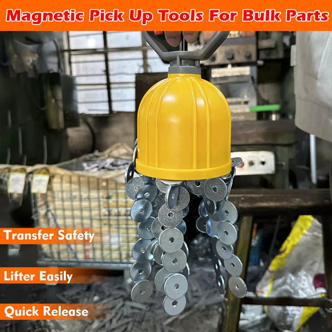 Heavy Duty Magnetic Bulk Parts Lifter With Quick Release Pick Up Tool For Nails, Screws, Nuts And Small Metal Objects, Powerful Material Handling Magnet For Easy Bulk Parts Transfer And Retrieval, yellow shell lifting metal washers in workshop