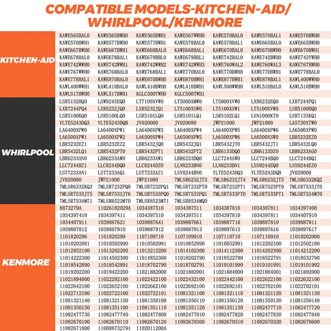 Washer inlet valve compatibility chart for KitchenAid, Whirlpool, and Kenmore models; grid of part numbers.