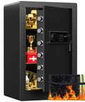 Heavy Duty Steel Home Safe Box 3.0 Cu Ft With LED Light, 6 Locking Bolts, Electronic Fireproof Safe With Removable Shelves And Smart Alerts, Digital Safe For Documents, Cash, Guns, Or Valuables, Includes Fireproof Bag, shown open with contents and fireproof bag