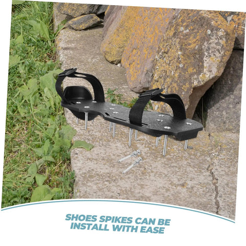 20 Pcs Grass Aerator Shoes For Lawn Replacement Spikes on ground with installation screws, black straps visible