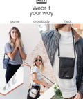 Three people wearing the RFID Blocking Neck Wallet For Travel With Adjustable Crossbody Strap Theft Protection And Lost And Found Service Beige Durable Water Repellent Ripstop Nylon Your Go To Travel Must Have in different styles.