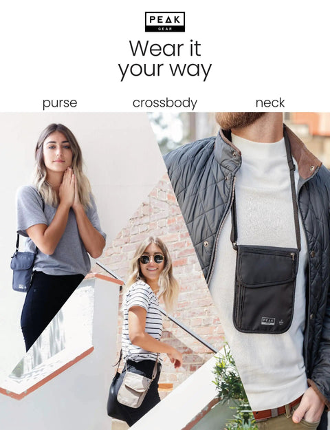 Three people wearing the RFID Blocking Neck Wallet For Travel With Adjustable Crossbody Strap Theft Protection And Lost And Found Service Beige Durable Water Repellent Ripstop Nylon Your Go To Travel Must Have in different styles.