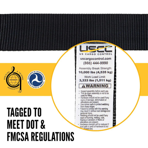 Close-up of label on Endless Ratchet Straps 2 Inch Wide by 20 Foot Long Hookless 4 Pack Black, 3,333 Lbs Working Load Limit.