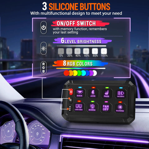 Eight Gang RGB Switch Panel For Cars Trucks Boats Marine ATVs UTVs Universal Circuit Control Relay System With Dimmable LED Touch Panel Multifunction Box displayed inside a vehicle dashboard