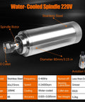 Diagram of Water Cooled CNC Spindle Motor 2.2KW 220V with ER20 collet and aviation plug, detailed specs shown