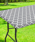 Elastic Flannel Backed Vinyl Table Cover For 6 Foot Tables Waterproof Wipeable Indoor Outdoor Rectangle Picnic Tablecloth Windproof Fit For No Fuss Everyday Use Grey 30x72 Inches installed outdoors