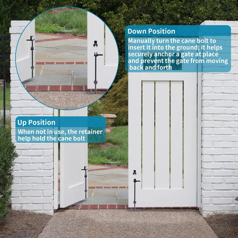 Heavy Duty Cane Bolt And 18 Inch Drop Rod Kit Built Like A Tank With Black Powder Coating For Outdoor Wood Fence Gates in up and down positions.