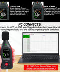 Digital Sound Level Meter With Recording And USB Rechargeable Power, 30 To 130 dB Range, 31,000 Data Logs, Three Color Alarm Lights, PC Data Export For Windows, Easy Setup For Home, Classrooms, Offices, And Industrial Environments. handheld meter with USB cable and laptop data graph