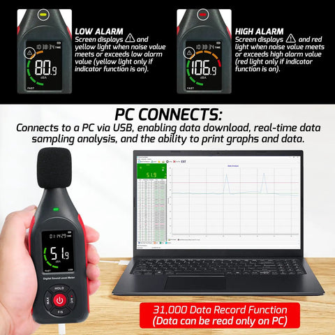 Digital Sound Level Meter With Recording And USB Rechargeable Power, 30 To 130 dB Range, 31,000 Data Logs, Three Color Alarm Lights, PC Data Export For Windows, Easy Setup For Home, Classrooms, Offices, And Industrial Environments. handheld meter with USB cable and laptop data graph