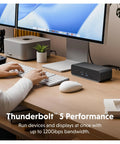 Badass Thunderbolt 5 Dock With Built In Ssd Enclosure, 120Gbps Desktop Hub For Mac And Pc, triple 4K setup on a desk.