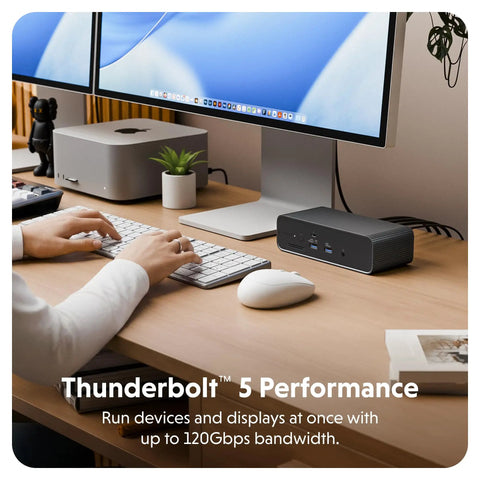Badass Thunderbolt 5 Dock With Built In Ssd Enclosure, 120Gbps Desktop Hub For Mac And Pc, triple 4K setup on a desk.