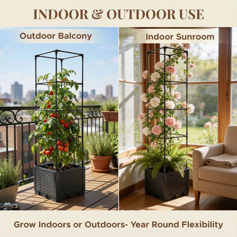 Two Pack 43 Inch Vertical Tomato Planter With Trellis Self Watering Garden Box For Climbing Vegetables Indoor Outdoor Patio