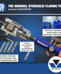 Mastercool universal hydraulic flaring tool with blue handle; includes dies and adapters for GM brake and fuel lines.