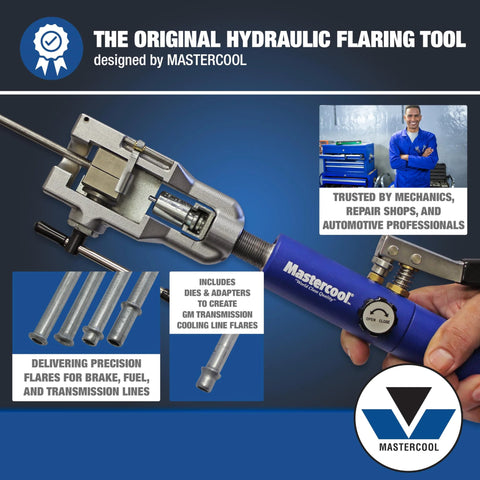 Mastercool universal hydraulic flaring tool with blue handle; includes dies and adapters for GM brake and fuel lines.