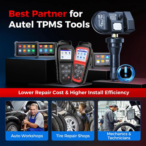 Set Of 4 MaxiTPMS Tire Pressure Sensors With 315MHz And 433MHz Snap In 1MX Rubber Stem, featuring TPMS tools and technicians
