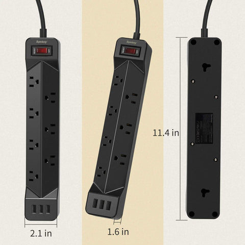 16.5 Foot Long Power Strip With Flat Plug Seven Wide Spaced Outlets And Three USB Ports Surge Protector Mountable Extension