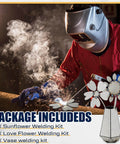 Valentine's Day Welding Kit For Beginners DIY Vase And Two Flower Project With 304 Stainless Steel Plate TIG And MIG Practice Starter Metalworking Set Ideal Gift To Level Up Your Welding Skills And Spark Creative Projects, featuring a welder in action and floral metal sculptures in the foreground.
