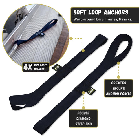 Auto Self Retracting Ratchet Straps 1 Inch By 15 Feet 4 Pack Heavy Duty Cargo Tie Down Straps With 1,760 Lbs Break Strength And 586 Lbs Load Capacity Black Pro Grade Construction For Tough Jobs showing soft loop anchors and double stitching.