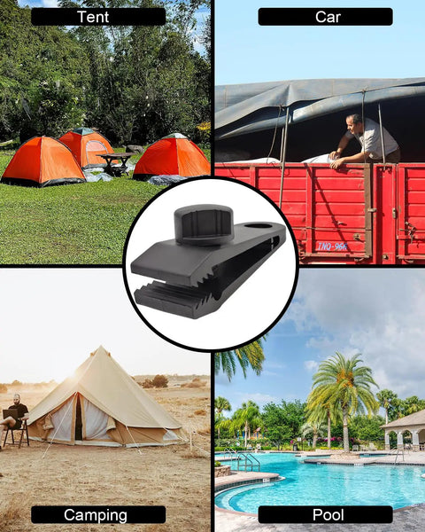 Heavy Duty Tarp Clips 20 Pack With Lock Grip in use; securing tent, car cover, camping setup, and pool cover