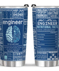 Front and back view of 20 Oz Engineer Tumbler With Stainless Steel Insulated Cup decorated with humorous engineering phrases and graphics.
