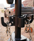 Aluminum Trailer Chain Holder Heavy Duty Towing Chain Organizer with 7 Way Plug Holder on RV Camper tongue.