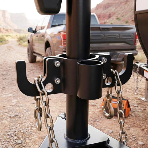 Aluminum Trailer Chain Holder Heavy Duty Towing Chain Organizer with 7 Way Plug Holder on RV Camper tongue.